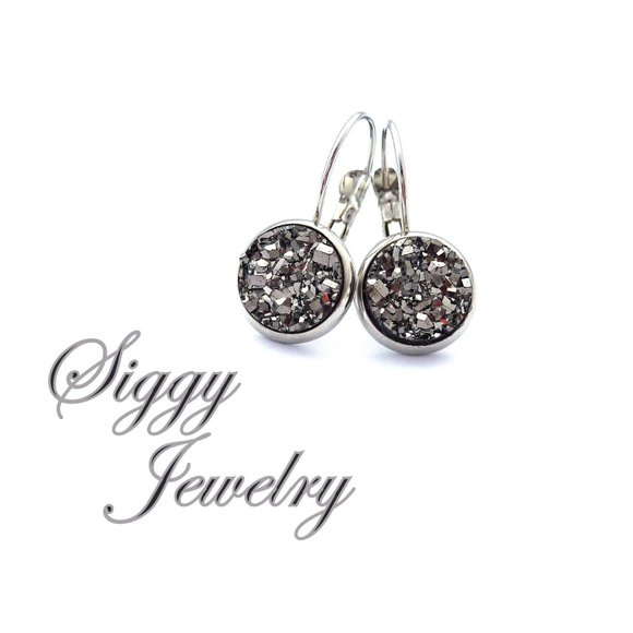 Shiny Hematite Faux Druzy Drop Lever Earrings - Picture 2 of 7